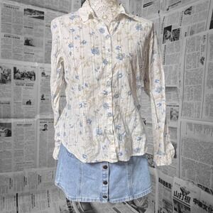 Vintage Arizona Jeans Co White Eyelet Blue Bedazzled Button Up Lightweight Chic